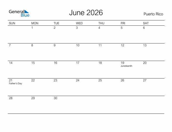 Printable June 2026 Calendar for Puerto Rico