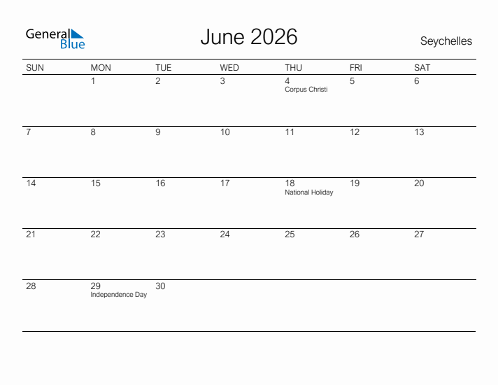 Printable June 2026 Calendar for Seychelles