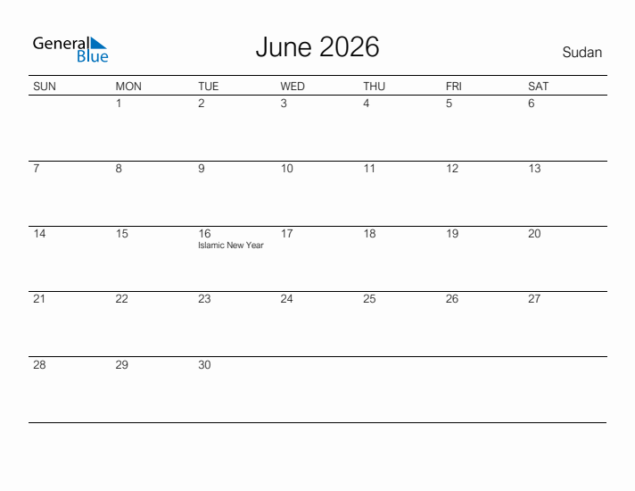 Printable June 2026 Calendar for Sudan