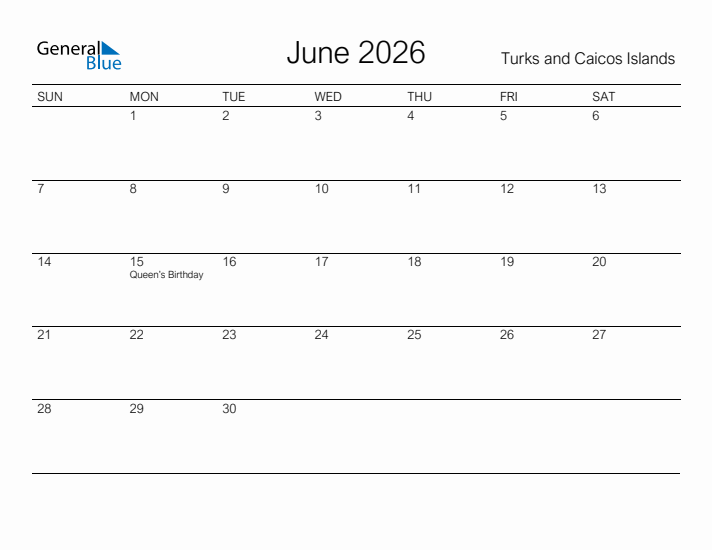 Printable June 2026 Calendar for Turks and Caicos Islands