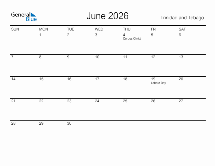 Printable June 2026 Calendar for Trinidad and Tobago