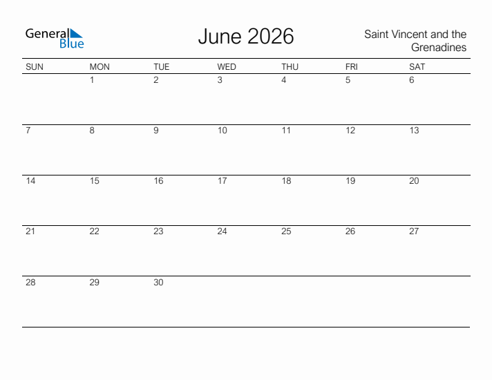 Printable June 2026 Calendar for Saint Vincent and the Grenadines