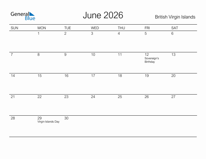 Printable June 2026 Calendar for British Virgin Islands
