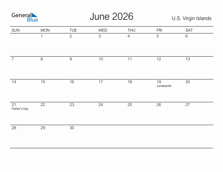 Printable June 2026 Calendar for U.S. Virgin Islands