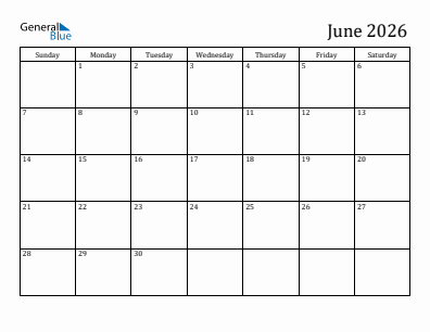 Current month calendar June 2026