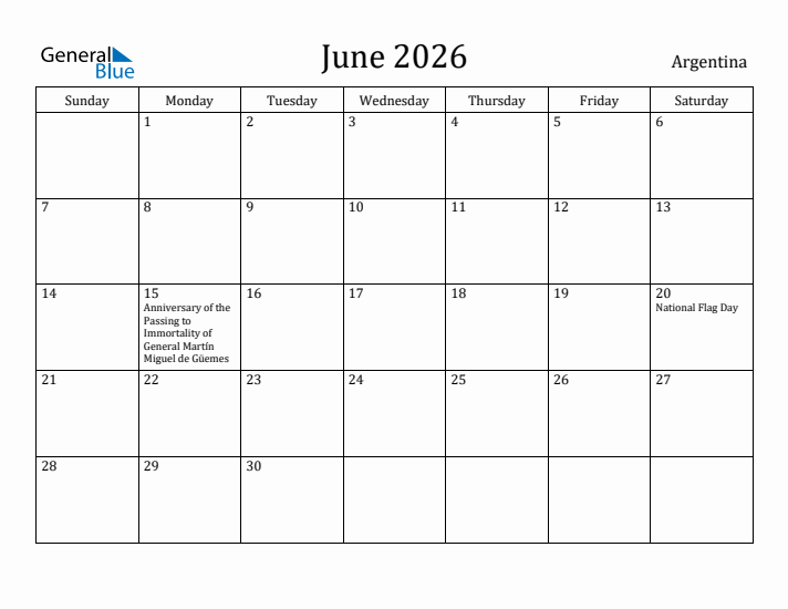 June 2026 Calendar Argentina