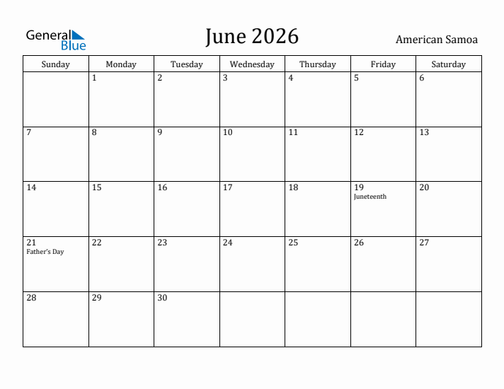 June 2026 Calendar American Samoa