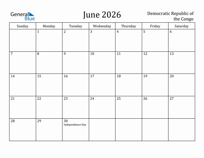 June 2026 Calendar Democratic Republic of the Congo