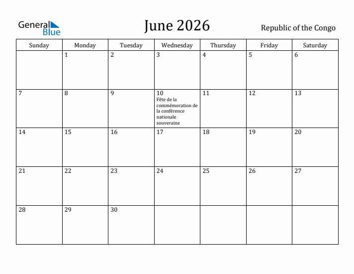 June 2026 Calendar Republic of the Congo