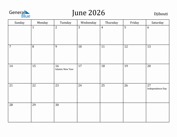 June 2026 Calendar Djibouti
