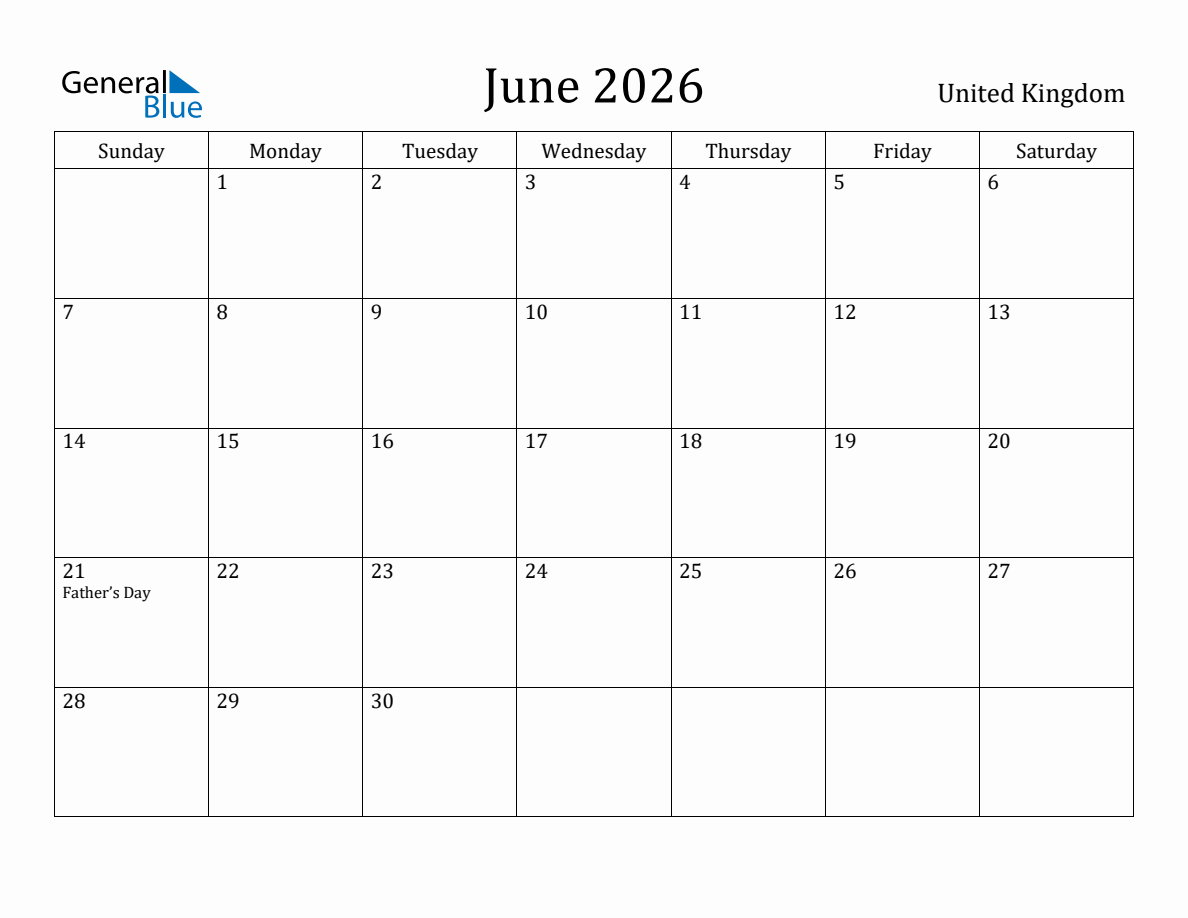 June 2026 Monthly Calendar with United Kingdom Holidays