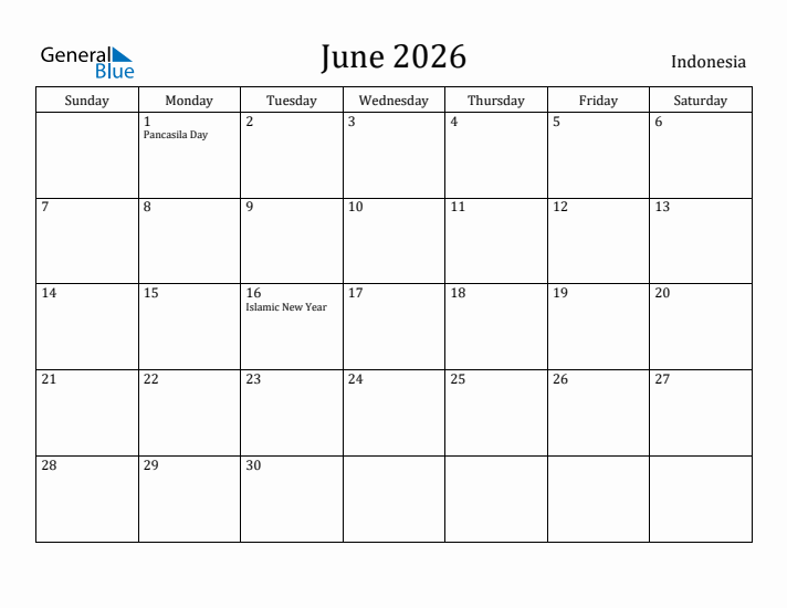 June 2026 Calendar Indonesia