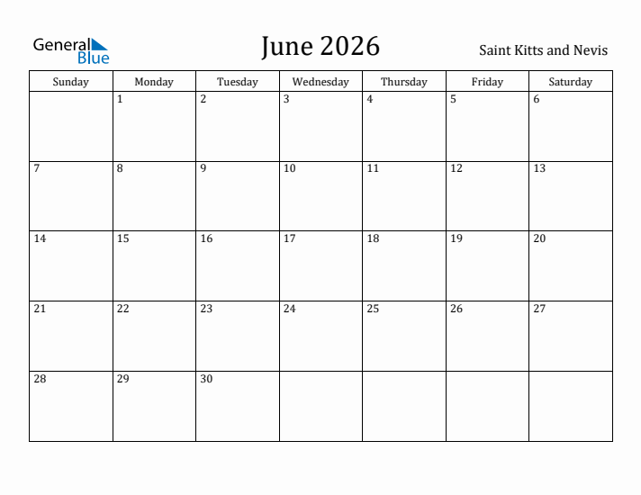 June 2026 Calendar Saint Kitts and Nevis