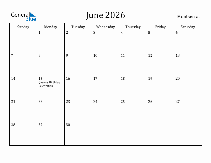 June 2026 Calendar Montserrat