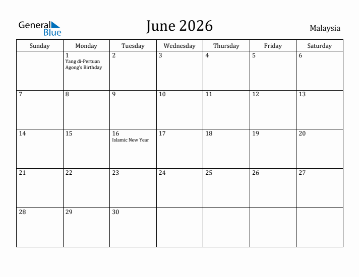 June 2026 Calendar Malaysia