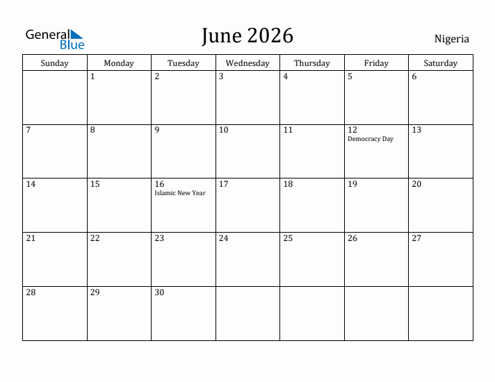 June 2026 Calendar Nigeria