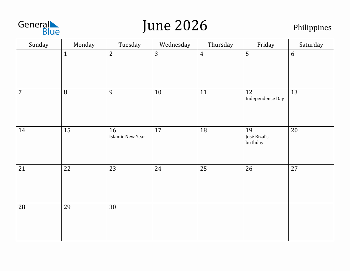 June 2026 Monthly Calendar with Philippines Holidays