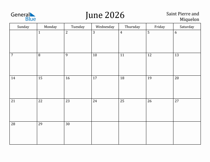 June 2026 Calendar Saint Pierre and Miquelon