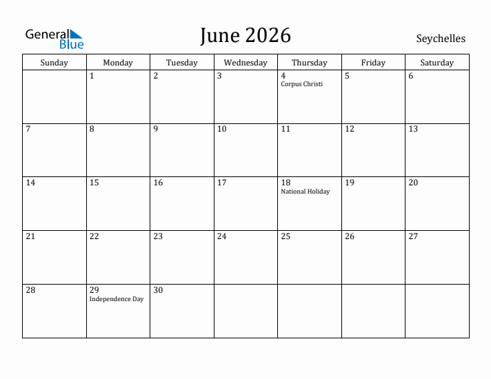 June 2026 Calendar Seychelles