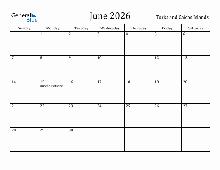 June 2026 Calendar Turks and Caicos Islands