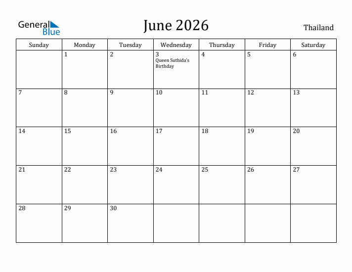 June 2026 Calendar Thailand