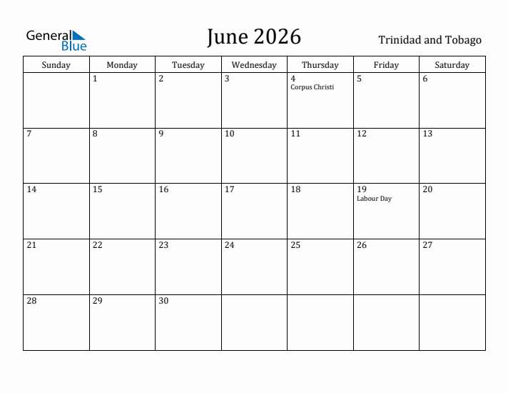 June 2026 Calendar Trinidad and Tobago