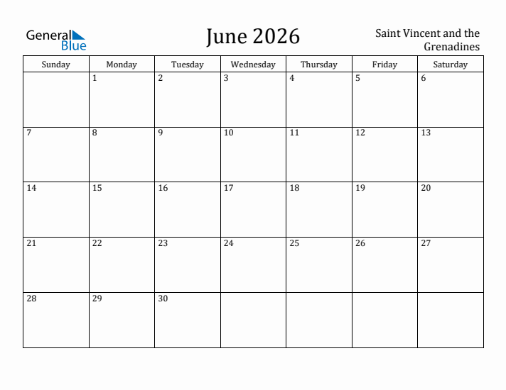 June 2026 Calendar Saint Vincent and the Grenadines