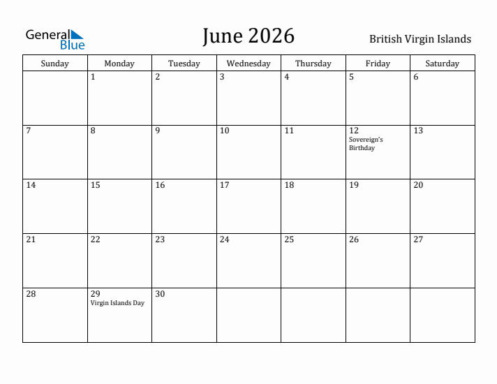 June 2026 Calendar British Virgin Islands