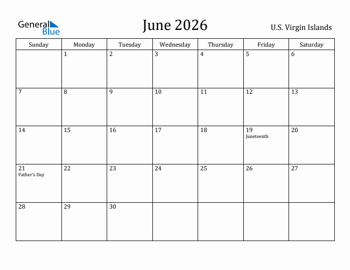June 2026 Calendar U.S. Virgin Islands