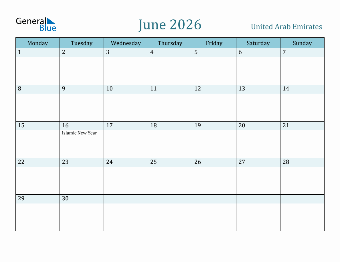 United Arab Emirates Holiday Calendar for June 2026 (Monday Start)