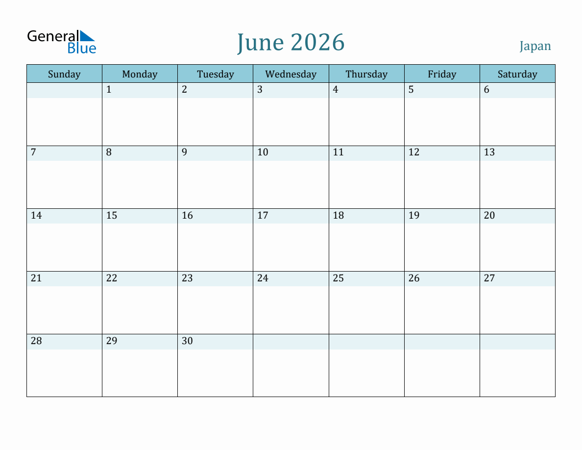 Junページ Japan Holiday Calendar for June 2026