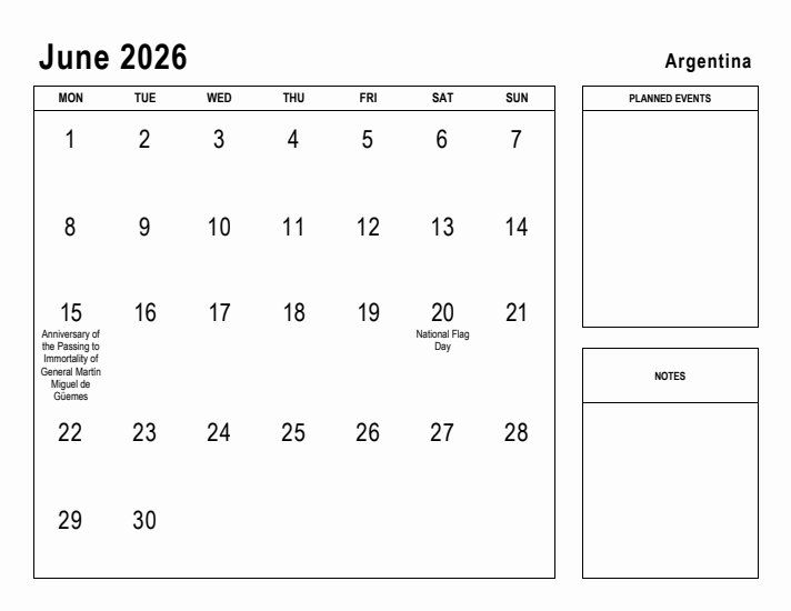 June 2026 Printable Monthly Calendar with Argentina Holidays