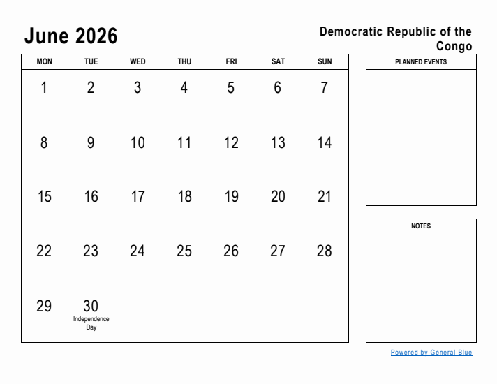 June 2026 Printable Monthly Calendar with Democratic Republic of the Congo Holidays