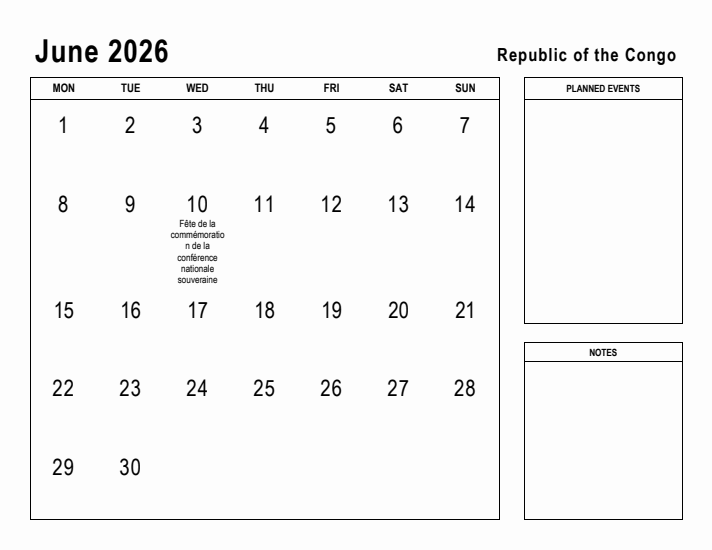 June 2026 Printable Monthly Calendar with Republic of the Congo Holidays