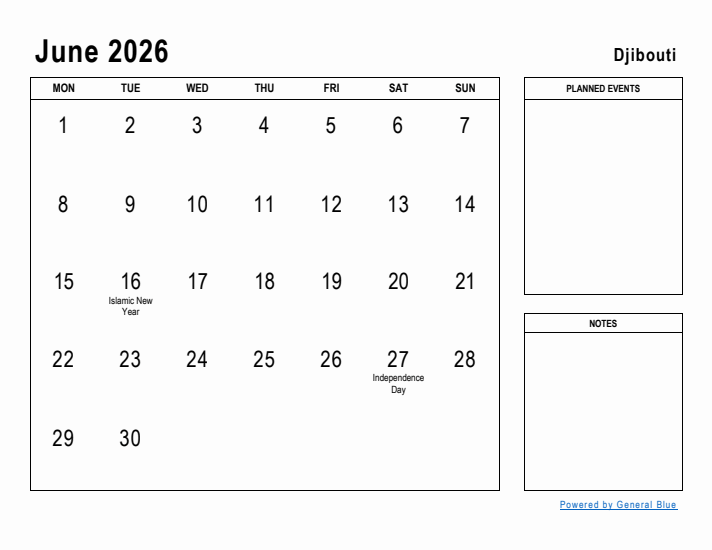 June 2026 Printable Monthly Calendar with Djibouti Holidays