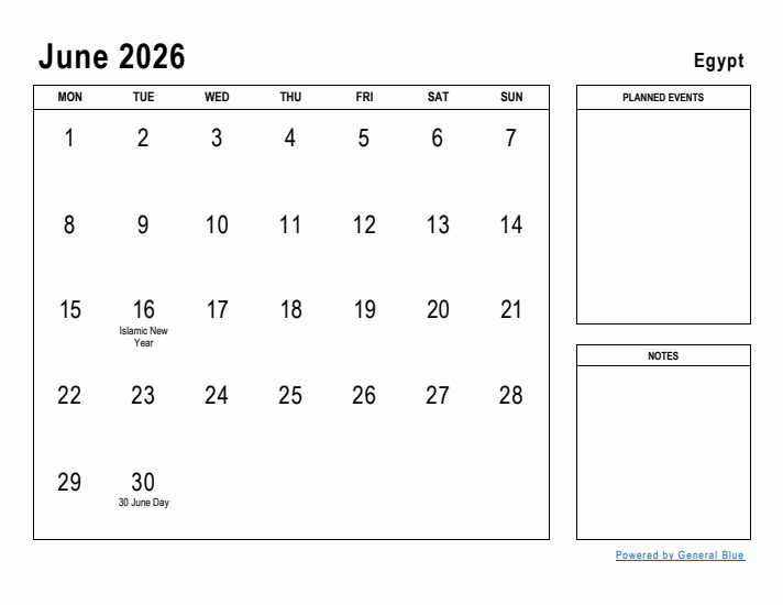 June 2026 Printable Monthly Calendar with Egypt Holidays