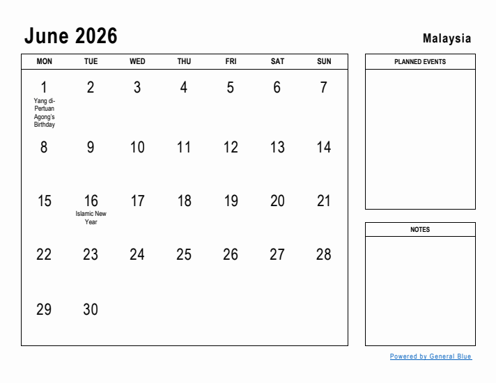 June 2026 Printable Monthly Calendar with Malaysia Holidays