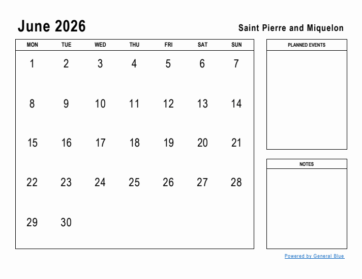 June 2026 Printable Monthly Calendar with Saint Pierre and Miquelon Holidays