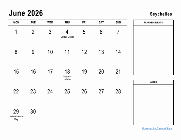 June 2026 Printable Monthly Calendar with Seychelles Holidays