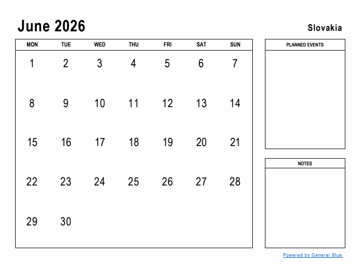 June 2026 Printable Monthly Calendar with Slovakia Holidays