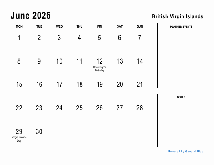 June 2026 Printable Monthly Calendar with British Virgin Islands Holidays