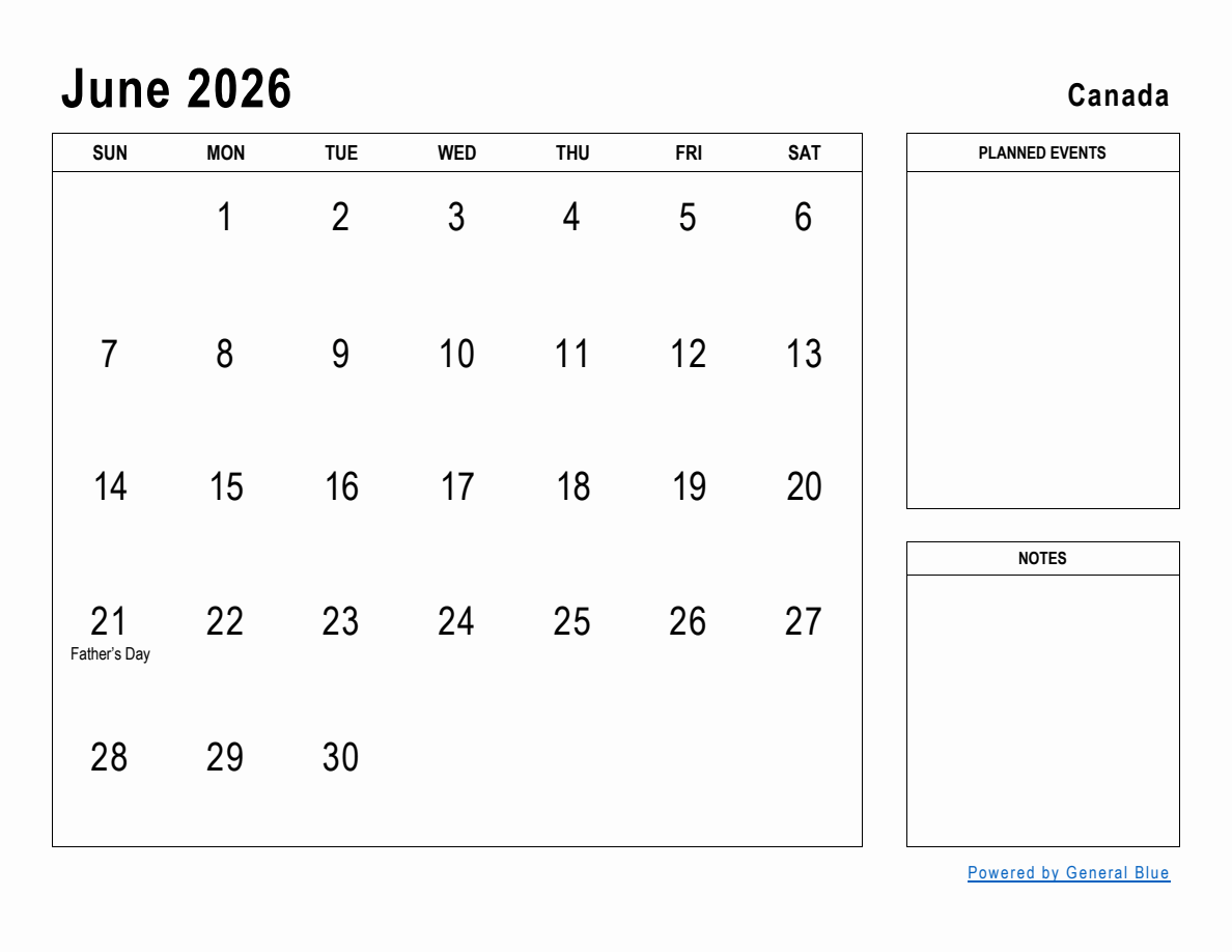 June 2026 Planner with Canada Holidays