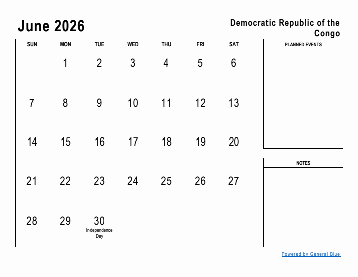June 2026 Printable Monthly Calendar with Democratic Republic of the Congo Holidays