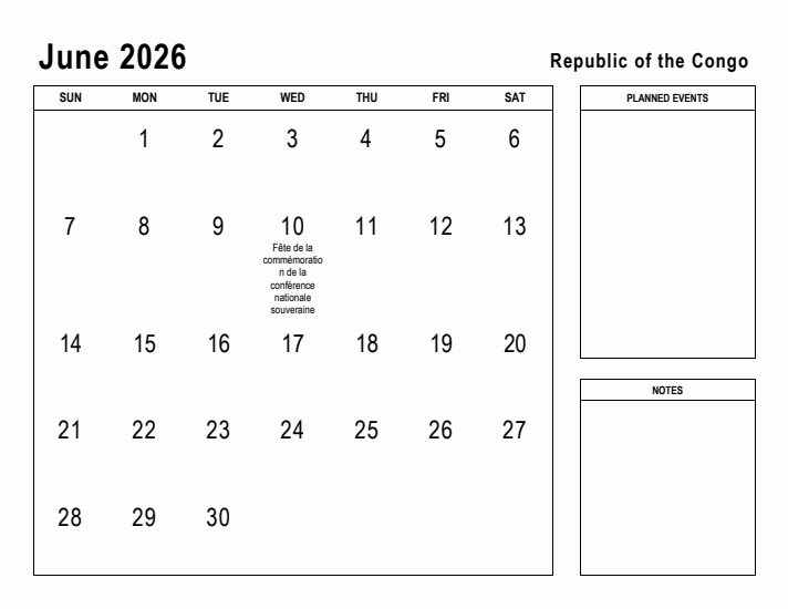 June 2026 Printable Monthly Calendar with Republic of the Congo Holidays