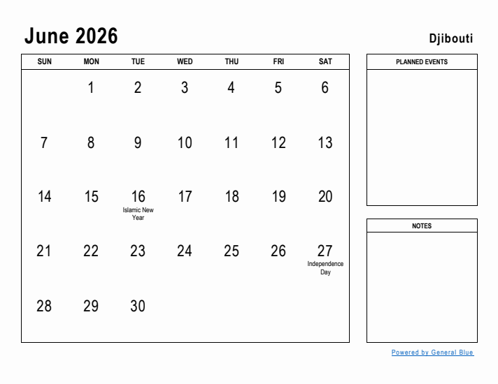 June 2026 Printable Monthly Calendar with Djibouti Holidays