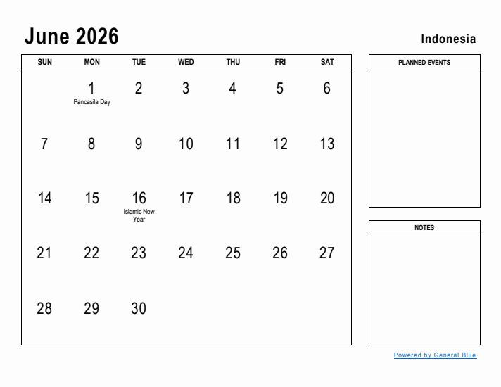 June 2026 Printable Monthly Calendar with Indonesia Holidays
