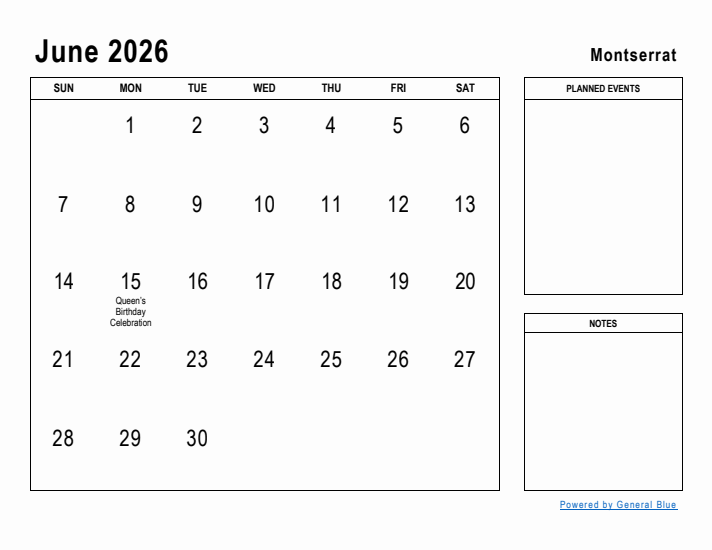 June 2026 Printable Monthly Calendar with Montserrat Holidays