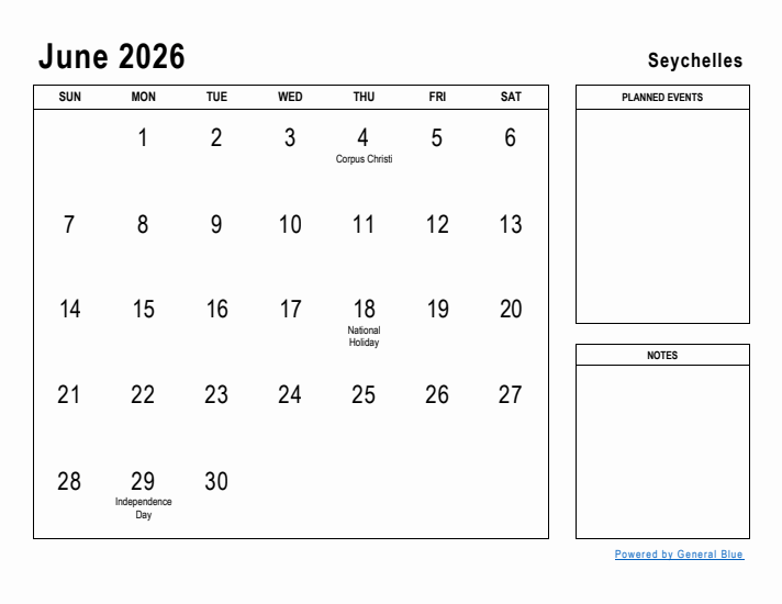 June 2026 Printable Monthly Calendar with Seychelles Holidays