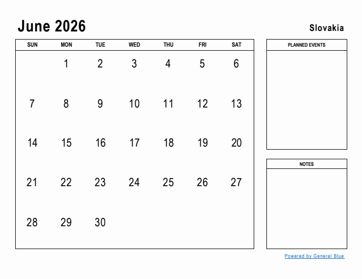 June 2026 Printable Monthly Calendar with Slovakia Holidays