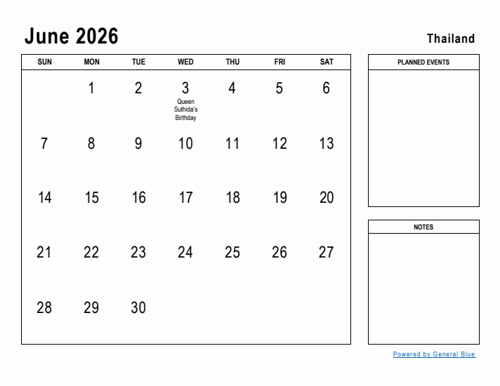 June 2026 Printable Monthly Calendar with Thailand Holidays